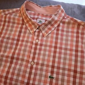 Lacoste Mens 3XL Short Sleeve Gingham Button Down Shirt Orange Check Cotton